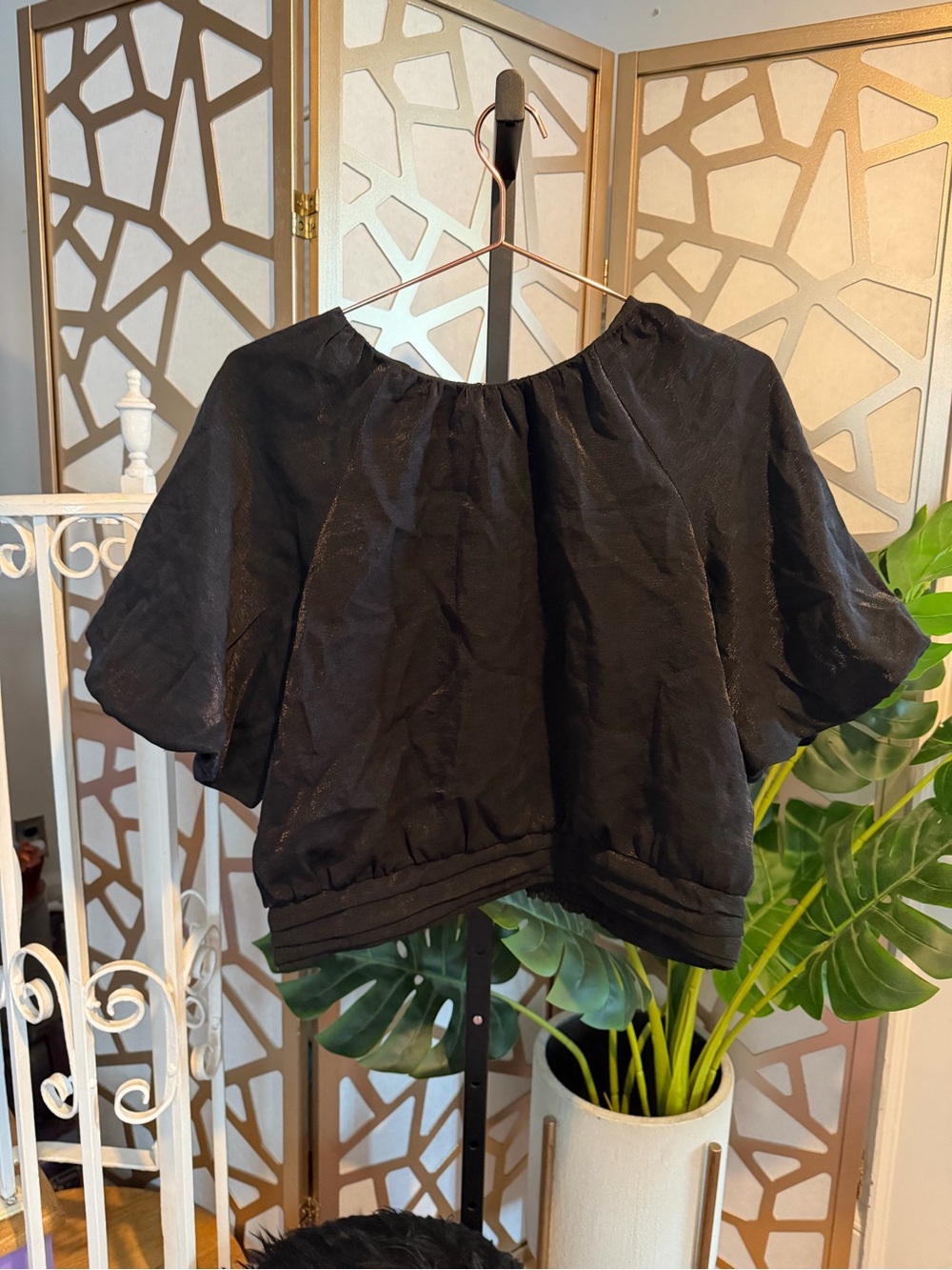 Express Black Textured Balloon Sleeve Blouse XL Gathered Neck